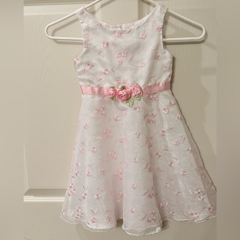 Youngland White and Pink Organza Dress with Satin Rose Sash size 5